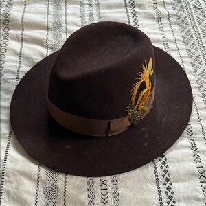 Brown Fedora Hat with Yellow Feather from Goorin Brothers
